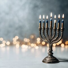 Fototapeta premium Elegant Menorah with Candles on Table Against Blurred Background