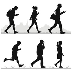 Diverse people walking running using phones in urban setting