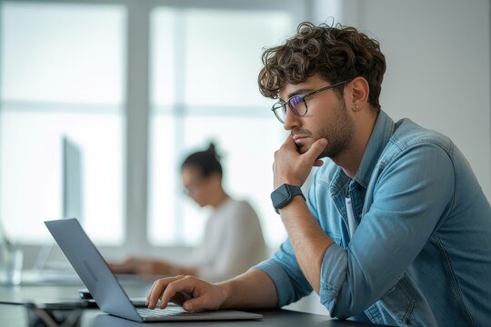 A young man sits at his desk, thoughtfully working on his laptop