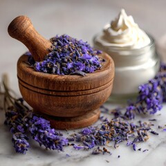 Wooden Mortar with Dried Lavender and Creamy Skincare Blend