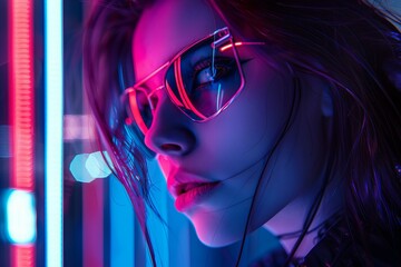 Stylish cyberpunk girl wearing sunglasses posing near neon lights, showcasing a futuristic and trendy aesthetic