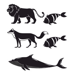 Stylized animal silhouettes lion fox whale fish vector