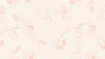 Watercolor floral pattern in soft pink and beige with blurred blossoms and leaves on a light background