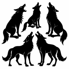 Black wolf silhouettes howling and standing wolves
