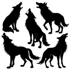 Black wolf silhouettes howling and standing wolves