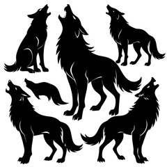 Black wolf silhouettes howling standing wolves