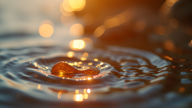 Abstract close up of a water droplet creating ripples reflecting sunlight on the surface of a liquid