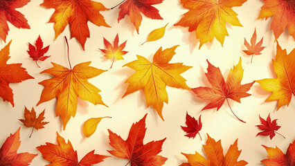 Autumnal arrangement of vibrant red orange and yellow maple leaves scattered on a light beige background with soft shadows