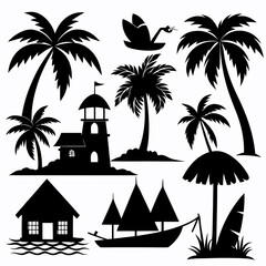 Obraz premium Tropical island scene silhouettes palm trees hut boat