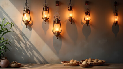 Vintage lanterns light the scene with natural light illuminating plant and eggs in basket providing calm aesthetic