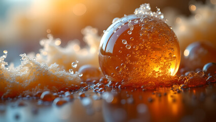 Golden orb glistening with moisture illuminated by warm light creating a mesmerizing visual experience with droplets
