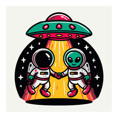 Cute Cartoon Alien and Girl Holding Hands Under UFO with Colorful Planets