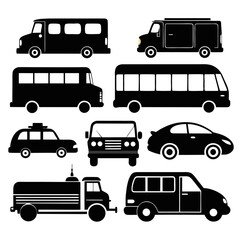 Diverse black vehicle silhouettes on white background
