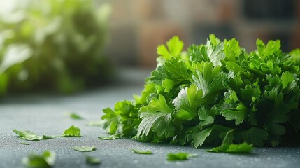 Fresh parsley sprigs on a textured surface