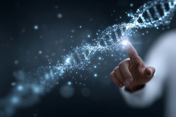 A doctor using futuristic holographic screen, dna strands. Generative AI