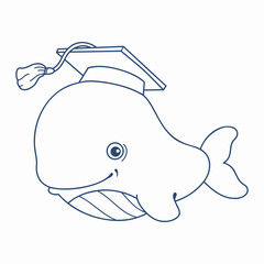 Cute whale wearing a graduation cap.  Whale is a graduate. Line drawing of a cute cartoon character. Coloring book for children. Hand drawn vector illustration isolated on white background.