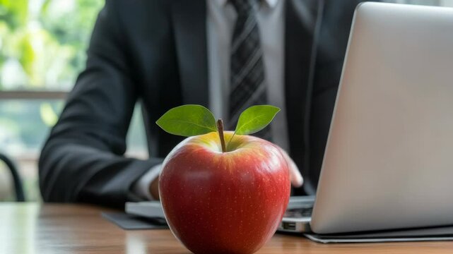 Professional Workspace with Apple and Mint Leaf