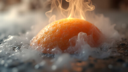 Macro shot of a vibrant orange sphere surrounded by swirling smoke and bubbling liquid effect mysterious