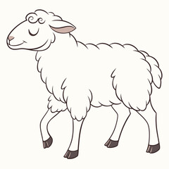 Fluffy sheep walking peacefully on white background