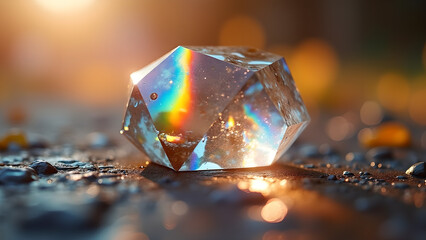 Captivating gemstone resting on a shimmering surface casting vibrant rainbow reflections in the bright sunlight creating a mesmerizing effect