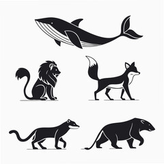 Stylized black animal silhouettes on white background whale lion