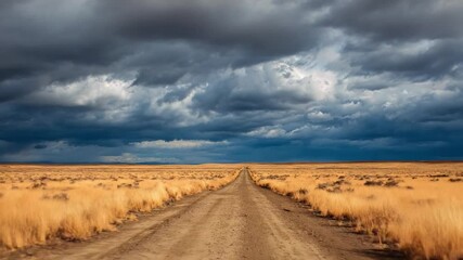 Open Road Under Dramatic Sky: An endless road disappears into the horizon beneath a vast, ominous sky, evoking a sense of journey, anticipation, and the raw beauty of the wilderness.