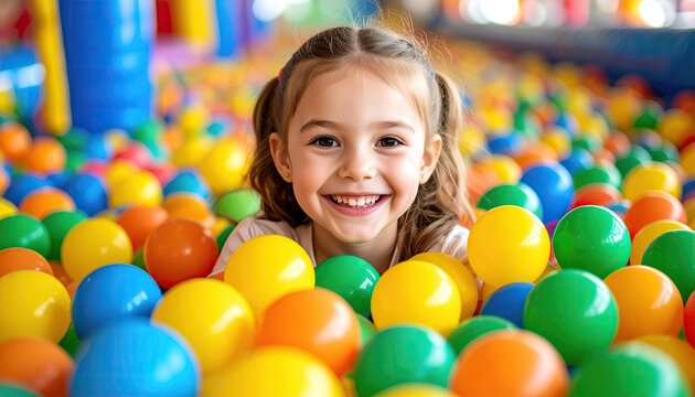 Child smiles in colorful ball pit