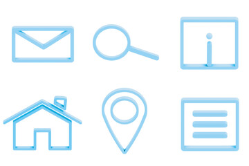 Modern 3D Line Icon Set featuring six essential web interface symbols in blue. Home, location pin, magnifying glass search, email envelope, information icon, and menu navigation panel. Isolated.