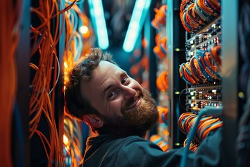 Bearded it specialist connecting cables in server room and smiling