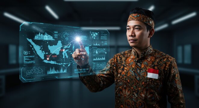 Indonesian Man Interacts with Futuristic Holographic Map Displaying Data Analytics and Growth Projections