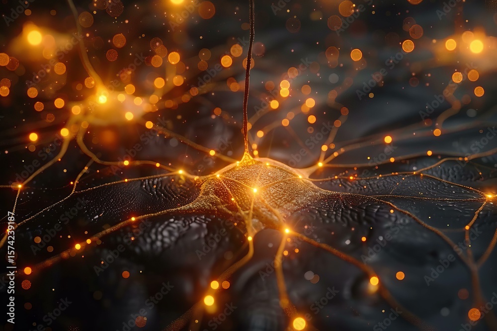 Poster complex network of interconnected neurons transmitting electrical signals, simulating brain activity