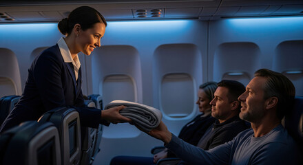 Friendly flight attendant handing blanket to passenger on airplane