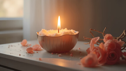 Candlelight tranquility still life a glowing candle surrounded by delicate rose petals for relaxation and calm