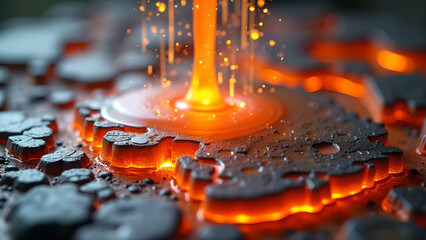 Abstract image showcases the mesmerizing process of molten liquid with vibrant fiery sparks cascading downwards creating intricate patterns