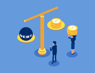 Weighing, balance, debt statistics. Flat isometric vector concept