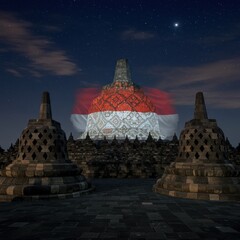 Borobudur Temple at Night with Indonesian Flag Projection: A Majestic Nighttime Spectacle in Java