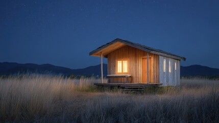 Cozy cabin with warm light in serene night landscape under starry sky