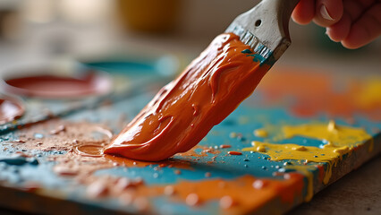 Close up shot of a paintbrush applying orange paint to a colorful palette with other colors