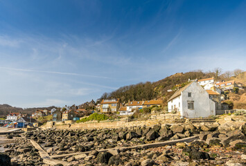 Runswick Bay village seafront at low tide
