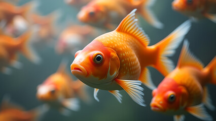 A captivating underwater scene featuring a vibrant school of goldfish swimming gracefully together in a serene aquarium environment