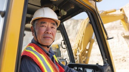 Construction worker in safety gear operating excavator at worksite