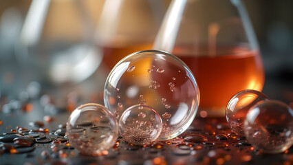 Macro photograph showcases a scientific laboratory setting, featuring chemistry glassware, flasks and glass spheres for investigation