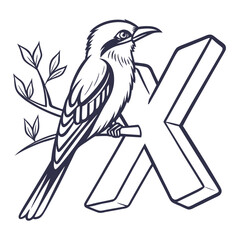 Bird perched on a branch next to a three dimensional letter X leaves symbol