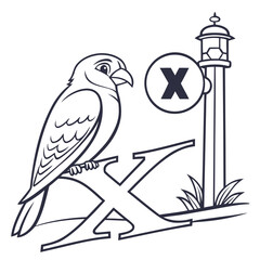 Bird perched on letter X near stylized lighthouse and symbol vector