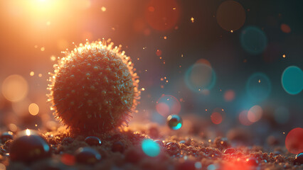 Detailed microscopic view of a virus cell with a bokeh background and water droplets around it