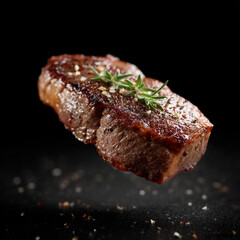 3D beef steak hovering in the air on a black background, sharp edges food illustration for restaurants and home cooking.