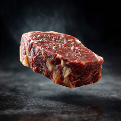 3D beef steak hovering in the air on a black background, sharp edges food illustration for restaurants and home cooking.