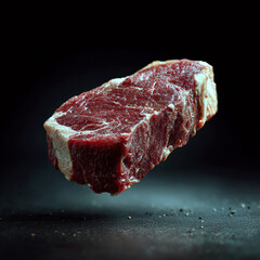 3D beef steak hovering in the air on a black background, sharp edges food illustration for restaurants and home cooking.