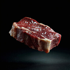 3D beef steak hovering in the air on a black background, sharp edges food illustration for restaurants and home cooking.