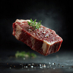3D beef steak hovering in the air on a black background, sharp edges food illustration for restaurants and home cooking.
